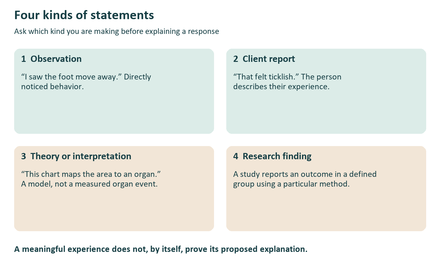 Four labeled examples showing observation, client report, theory and research finding