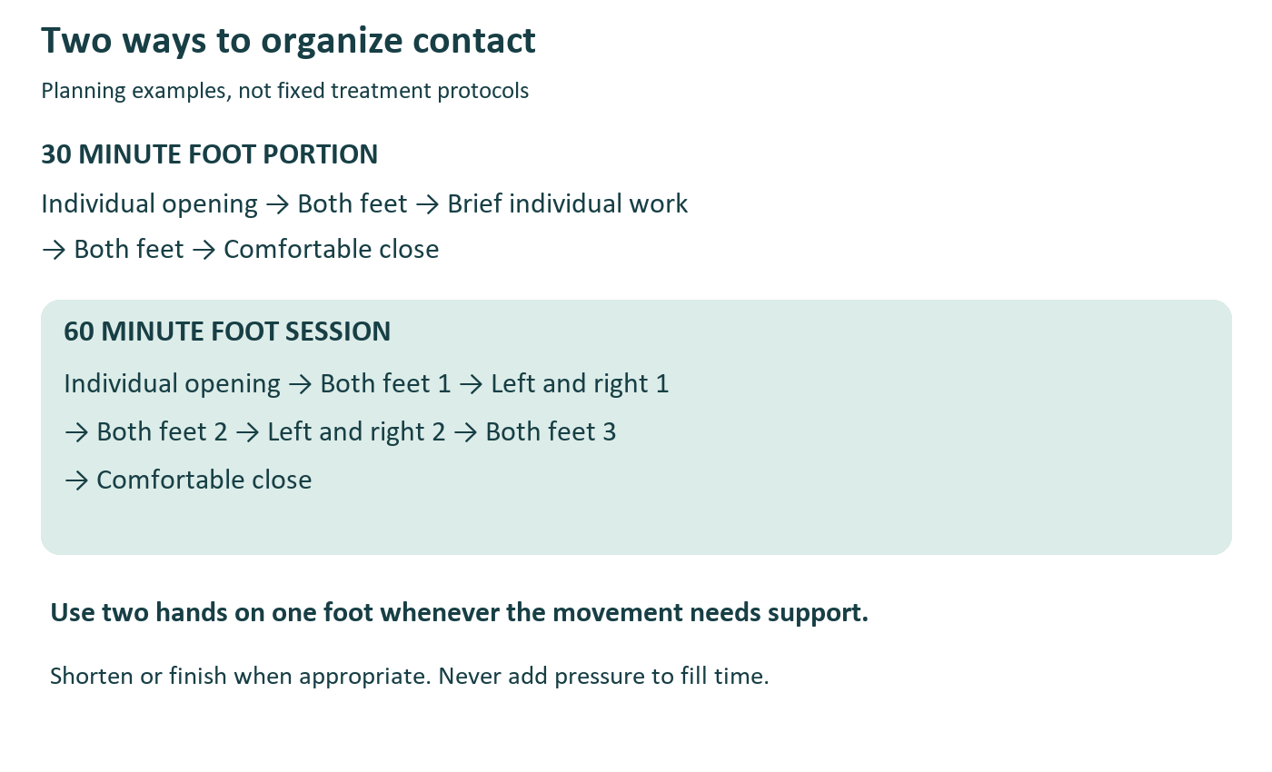 Session flow comparison showing a 30-minute foot portion with mostly both-feet contact and a 60-minute example alternating both-feet and individual-foot blocks.