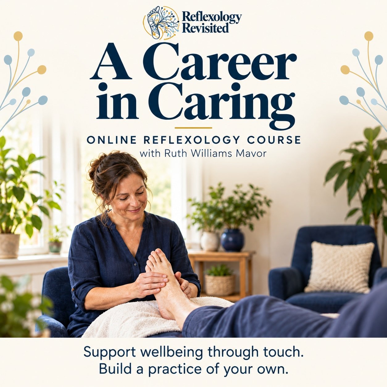 A Career in Caring — online reflexology course with Ruth Williams Mavor. Illustrative practitioner scene.