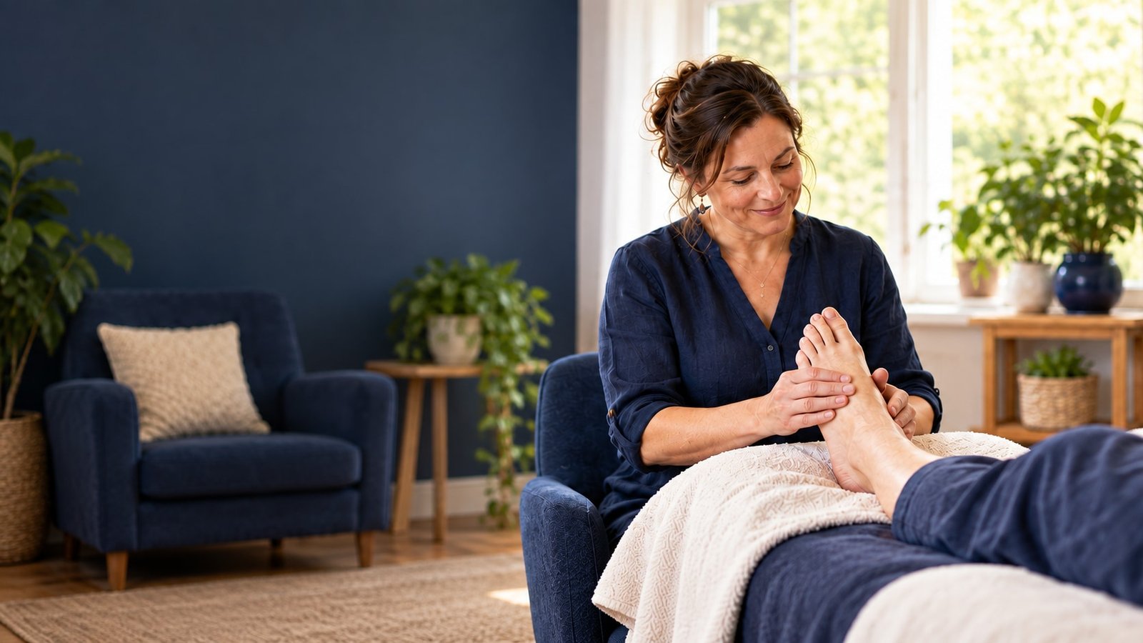 Illustrative practitioner supporting a client’s foot during a reflexology session